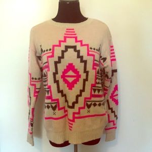Cute boho Aztec pink cream grey sweater medium